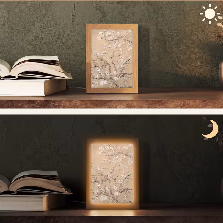 Amandelbloesem - Kunst - Van Gogh - Beige Light Box met kabel (Tafellamp) klein -sfeer3