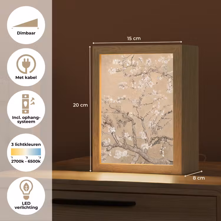 Amandelbloesem - Kunst - Van Gogh - Beige Light Box met kabel (Tafellamp) klein -USP_NL