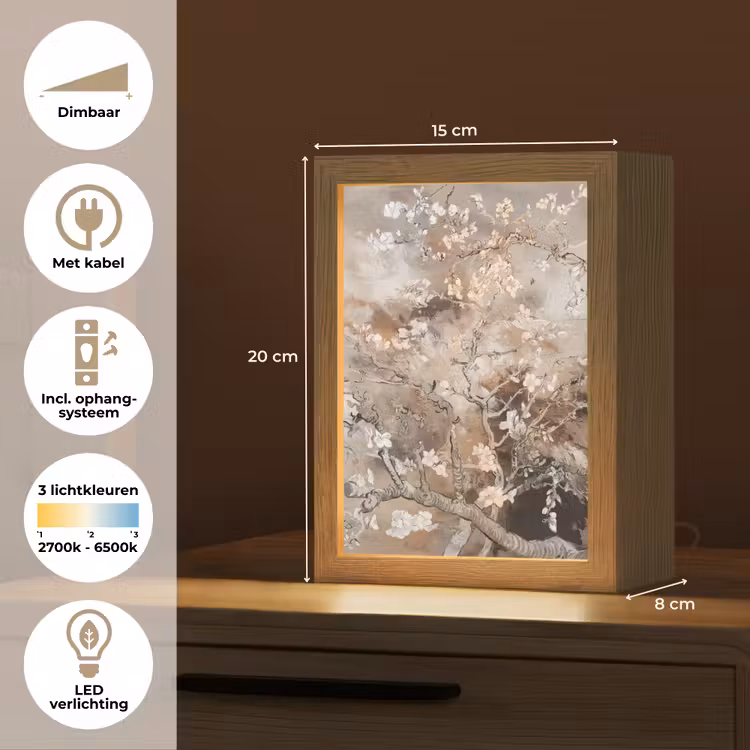 Amandelbloesem - Kunst - Van Gogh - Beige - Abstract Light Box met kabel (Tafellamp) klein -USP_NL
