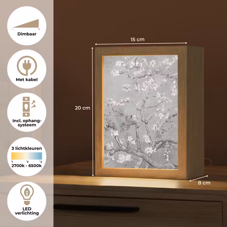 Amandelbloesem - Kunst - Van Gogh - Grijs Light Box met kabel (Tafellamp) klein -USP_NL