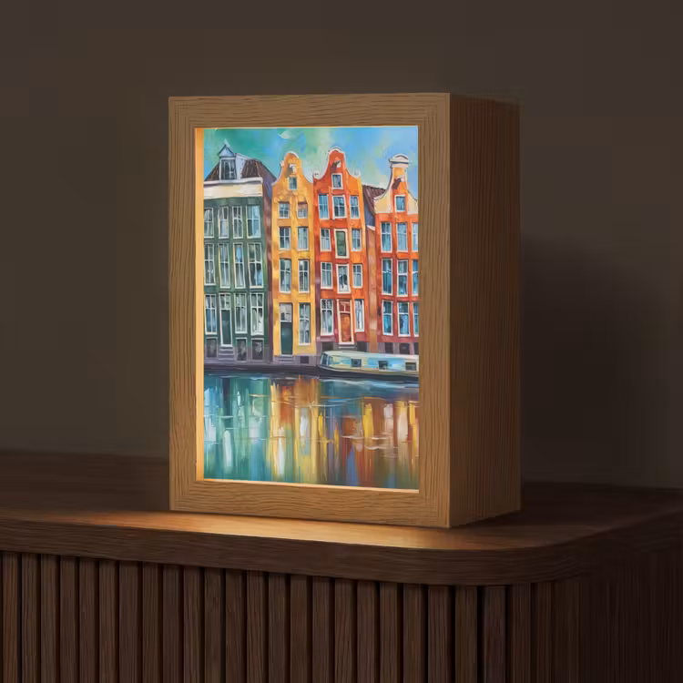 Amsterdam - Olieverf - Gracht - Schilderij - Kunst Light Box met kabel (Tafellamp) klein -z3d_website