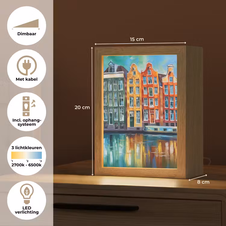 Amsterdam - Olieverf - Gracht - Schilderij - Kunst Light Box met kabel (Tafellamp) klein -USP_NL