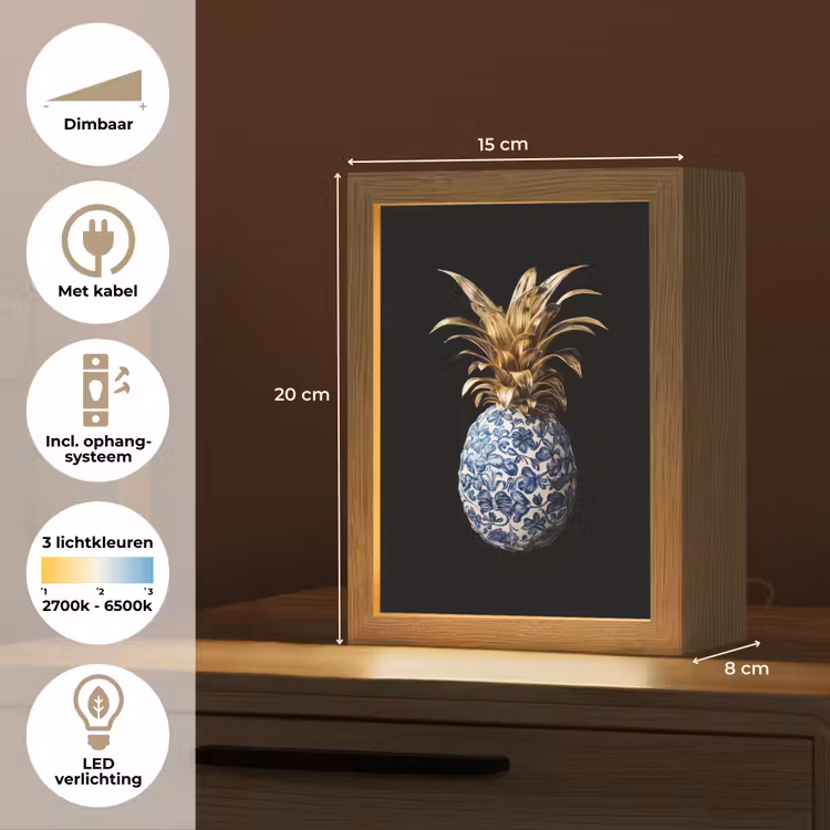 Ananas - Bloemen patroon - Goud - Delftsblauw Light Box met kabel (Tafellamp) klein -USP_NL