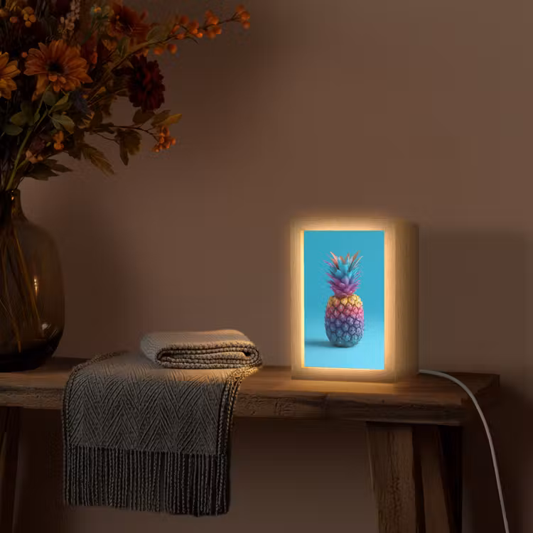 Ananas - Regenboog - Blauw - Popart Light Box met kabel (Tafellamp) klein -sfeer4
