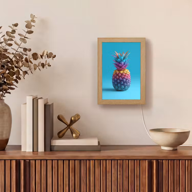 Ananas - Regenboog - Blauw - Popart Light Box met kabel (Tafellamp) klein -sfeer2