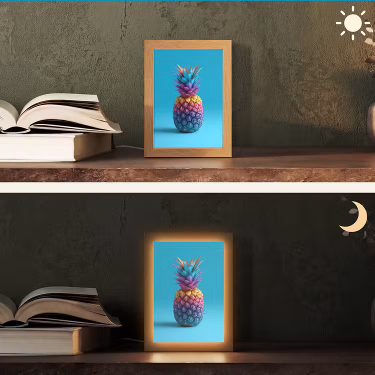 Ananas - Regenboog - Blauw - Popart Light Box met kabel (Tafellamp) klein -sfeer3