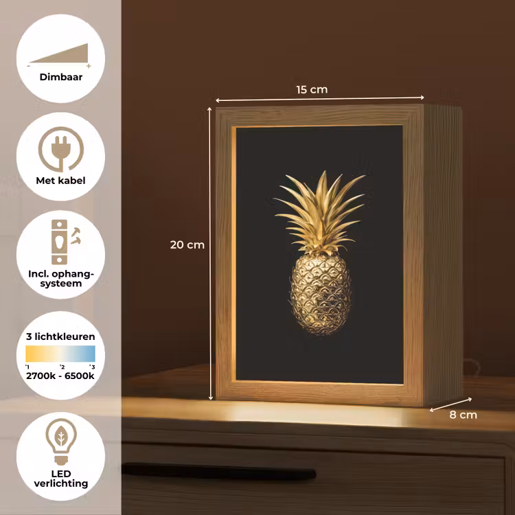 Ananas - Zwart - Goud - Luxe Light Box met kabel (Tafellamp) klein -USP_NL