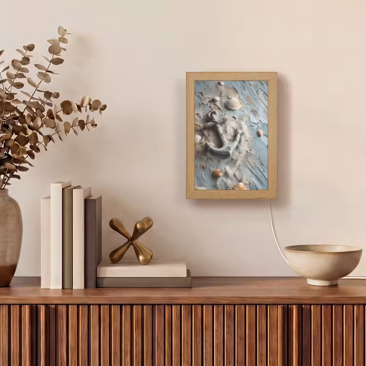 Anker - Hout - Schelpen - Zand Light Box met kabel (Tafellamp) klein -sfeer2