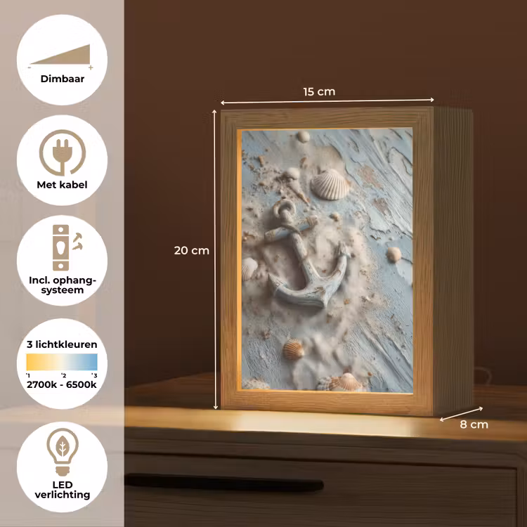 Anker - Hout - Schelpen - Zand Light Box met kabel (Tafellamp) klein -USP_NL