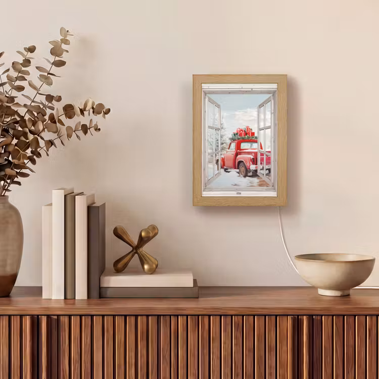 Auto - Rood - Cadeaus - Winter - Kerst - Doorkijk - Wit Light Box met kabel (Tafellamp) klein -sfeer2