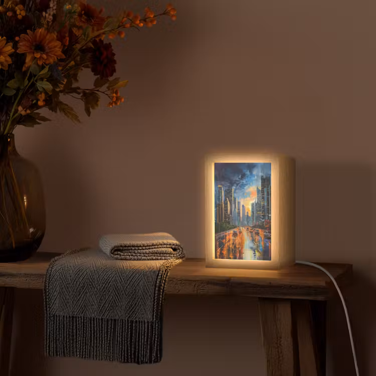 Auto - Skyline - Zon - Blauw Light Box met kabel (Tafellamp) klein -sfeer4