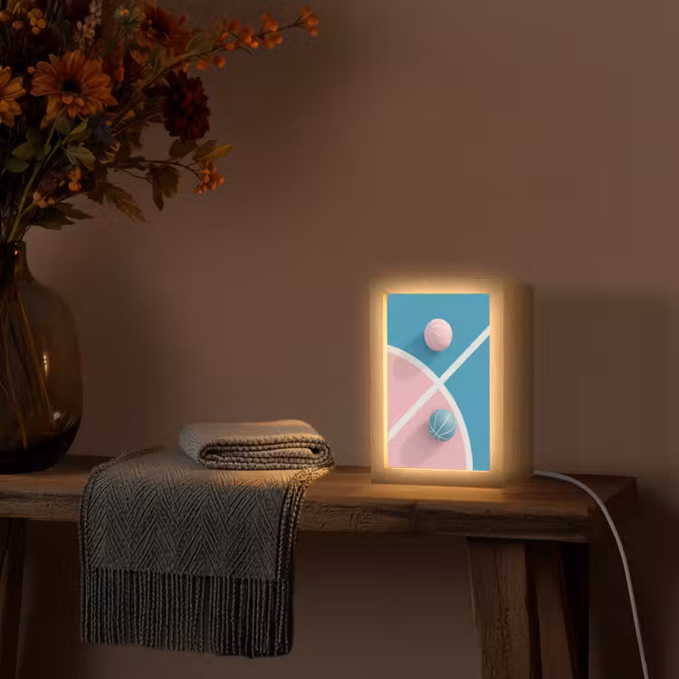 Basketbal - Pastel - Roze - BLauw Light Box met kabel (Tafellamp) klein -sfeer4