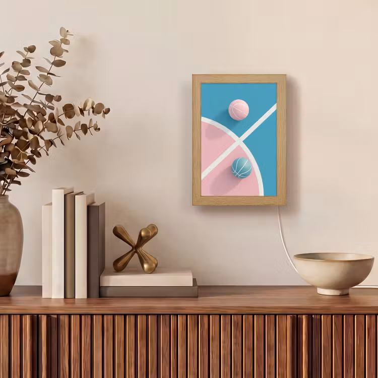 Basketbal - Pastel - Roze - BLauw Light Box met kabel (Tafellamp) klein -sfeer2