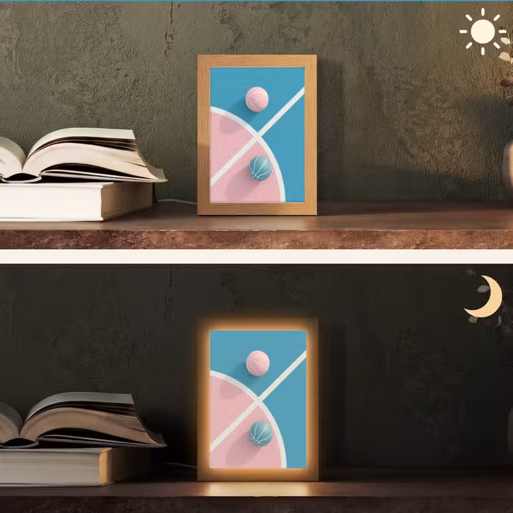 Basketbal - Pastel - Roze - BLauw Light Box met kabel (Tafellamp) klein -sfeer3