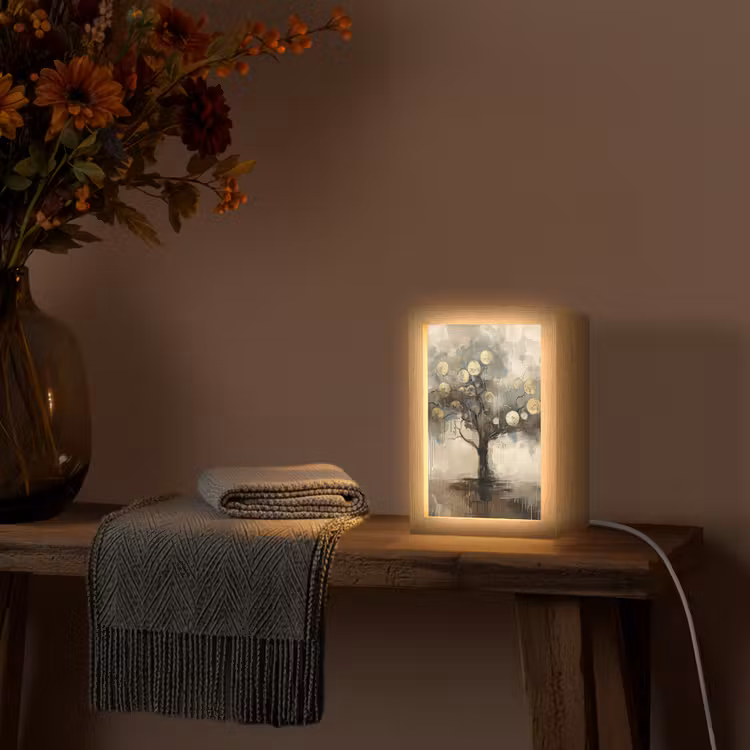Beige - Abstract - Boom - Goud Light Box met kabel (Tafellamp) klein -sfeer4
