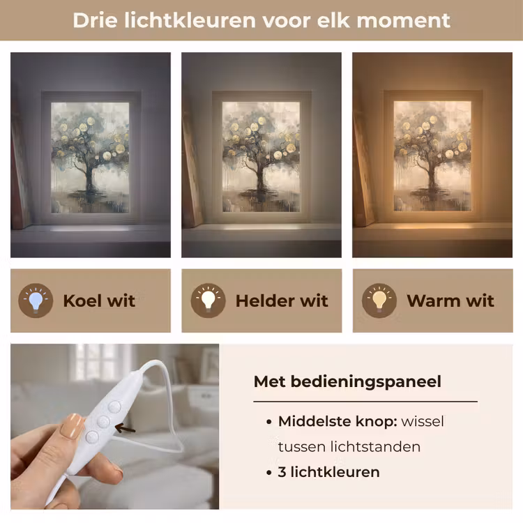 Beige - Abstract - Boom - Goud Light Box met kabel (Tafellamp) klein -USP_lichtkleurNL