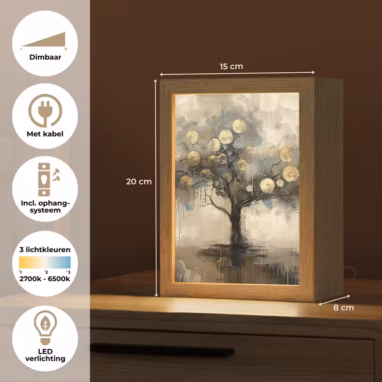 Beige - Abstract - Boom - Goud Light Box met kabel (Tafellamp) klein -USP_NL