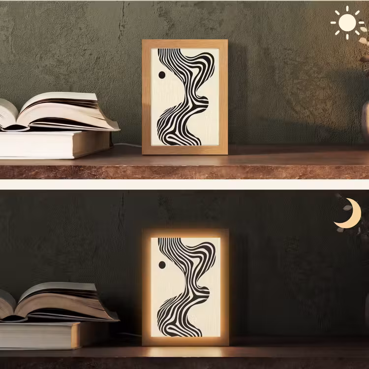 Beige - Lijnen - Golvend - Abstract Light Box met kabel (Tafellamp) klein -sfeer3
