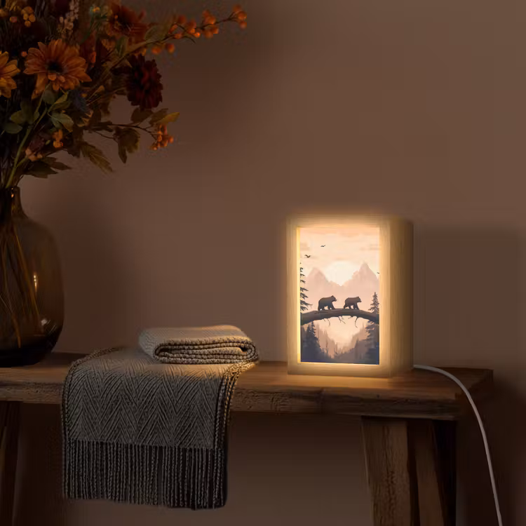 Beren - Bomen - Landschap - Zonsondergang Light Box met kabel (Tafellamp) klein -sfeer4