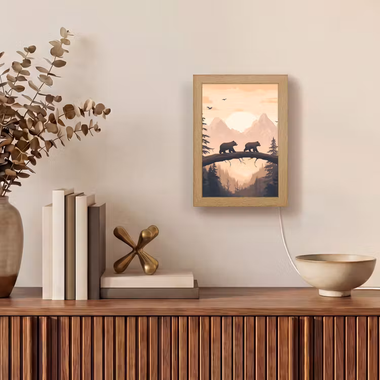 Beren - Bomen - Landschap - Zonsondergang Light Box met kabel (Tafellamp) klein -sfeer2