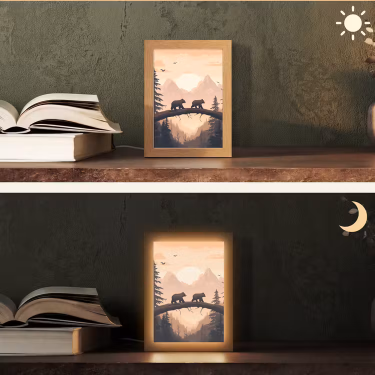 Beren - Bomen - Landschap - Zonsondergang Light Box met kabel (Tafellamp) klein -sfeer3