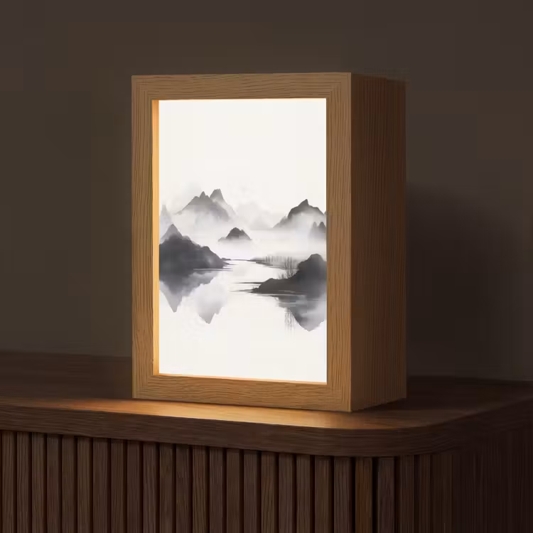 Bergen - Mistig - Water - Wit Light Box met kabel (Tafellamp) klein -z3d_website