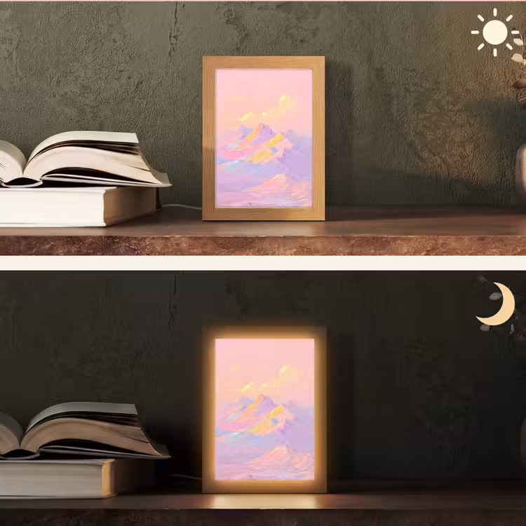 Bergtoppen - Wolken - Dromerig Light Box met kabel (Tafellamp) klein -sfeer3