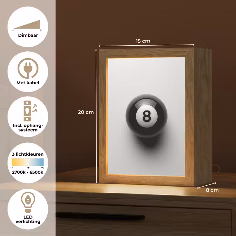 Biljartbal - Getal - Acht - Wit Light Box met kabel (Tafellamp) klein -USP_NL