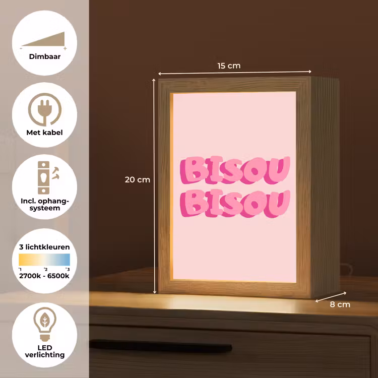 Bisou - Roze - Dikke letters Light Box met kabel (Tafellamp) klein -USP_NL
