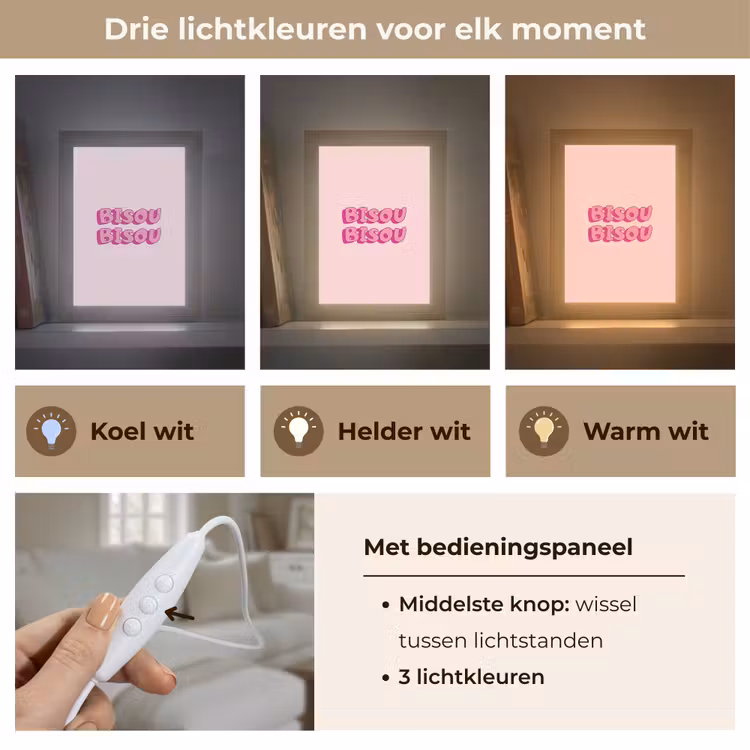 Bisou - Roze - Schaduw Light Box met kabel (Tafellamp) klein -USP_lichtkleurNL