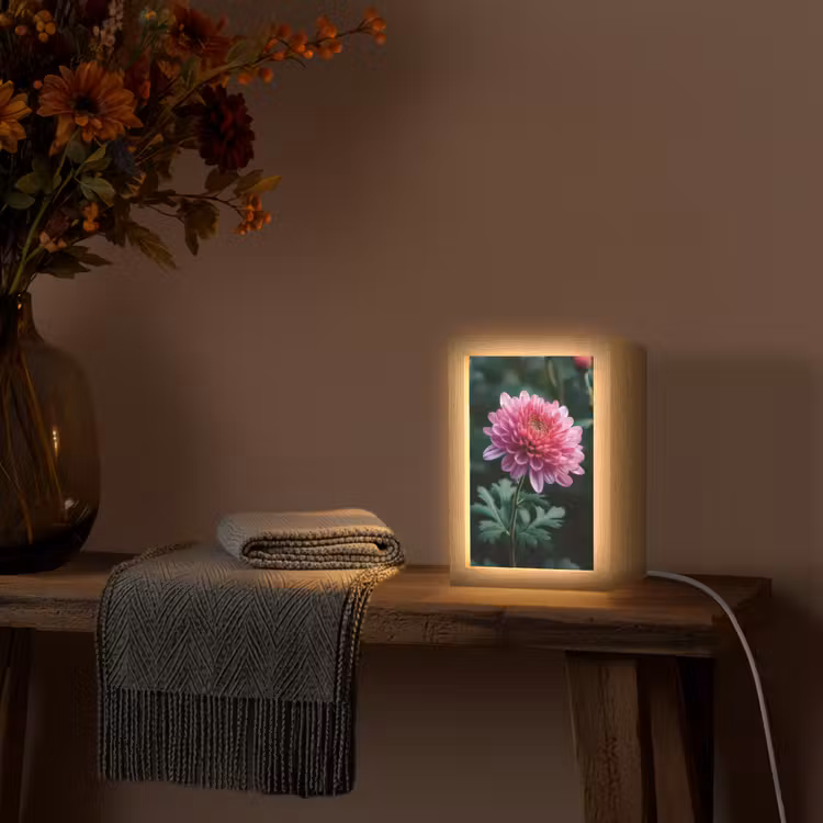 Blad - Chrysant - Roze - Schaduw Light Box met kabel (Tafellamp) klein -sfeer4