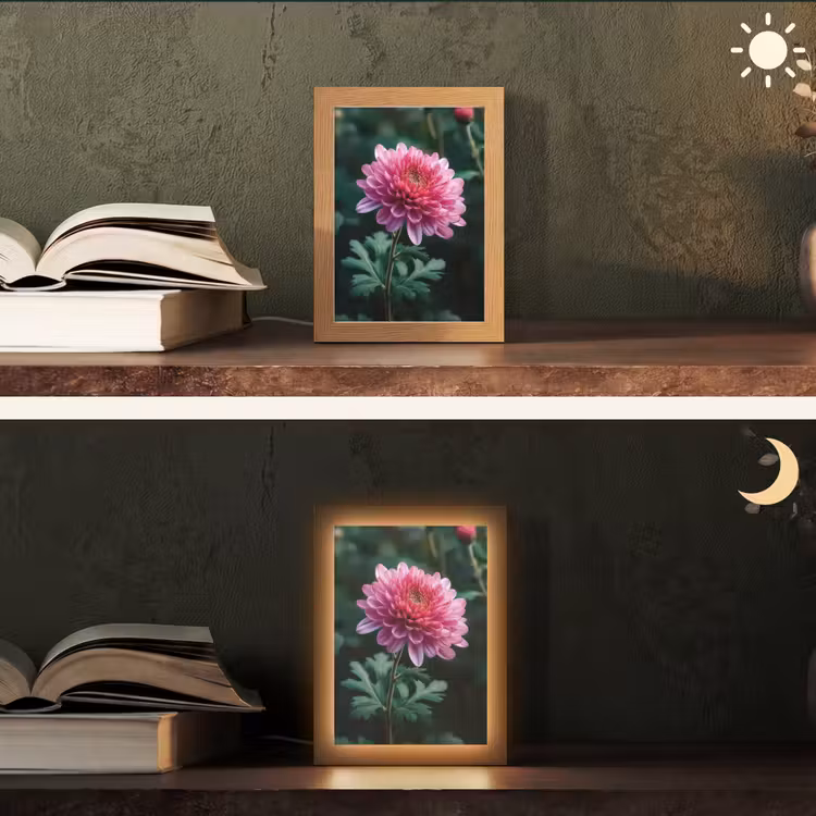 Blad - Chrysant - Roze - Schaduw Light Box met kabel (Tafellamp) klein -sfeer3