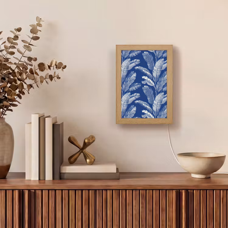 Blad - Palm - Blauw Light Box met kabel (Tafellamp) klein 925 -sfeer2