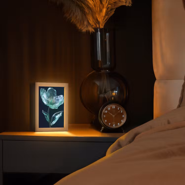 Bladeren - Bloem - Glazen - Donkerblauw Light Box met kabel (Tafellamp) klein -sfeer1