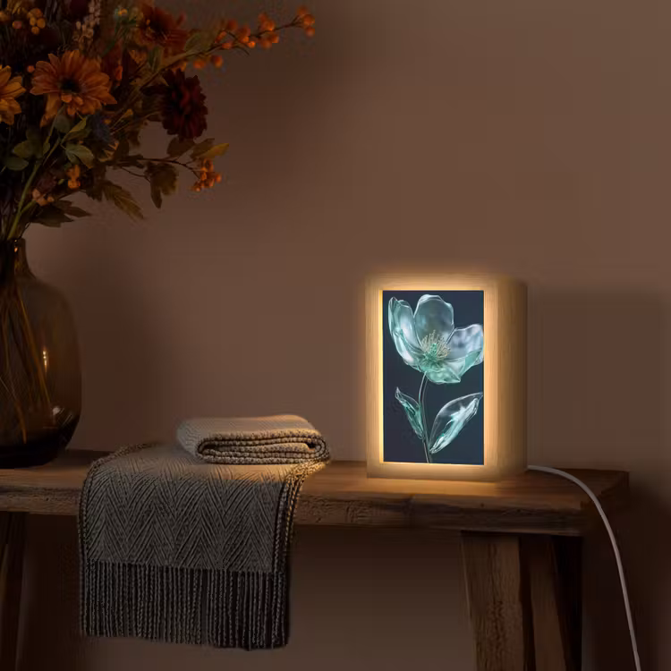Bladeren - Bloem - Glazen - Donkerblauw Light Box met kabel (Tafellamp) klein -sfeer4
