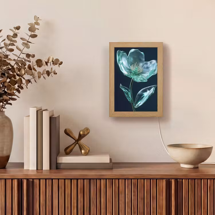 Bladeren - Bloem - Glazen - Donkerblauw Light Box met kabel (Tafellamp) klein -sfeer2