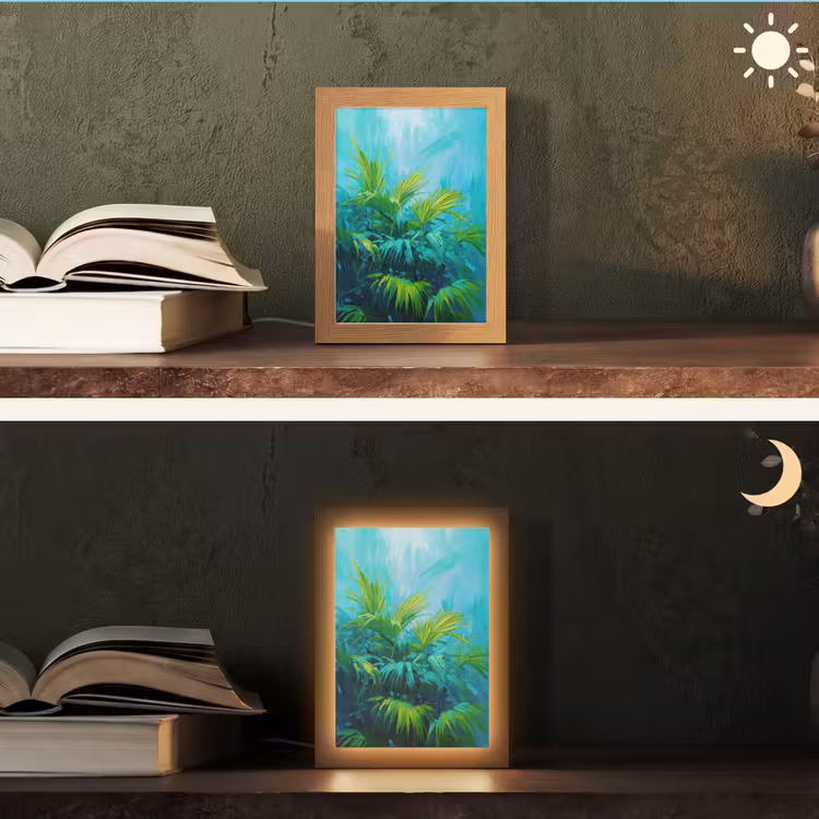 Bladeren - Groen - Schilderij - Abstract Light Box met kabel (Tafellamp) klein -sfeer3