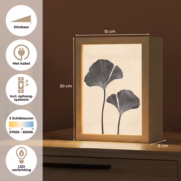 Bladeren - Minimalistisch - Zwart Light Box met kabel (Tafellamp) klein -USP_NL