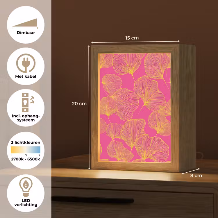 Bladeren - Nerven - Grafisch - Roze Light Box met kabel (Tafellamp) klein -USP_NL