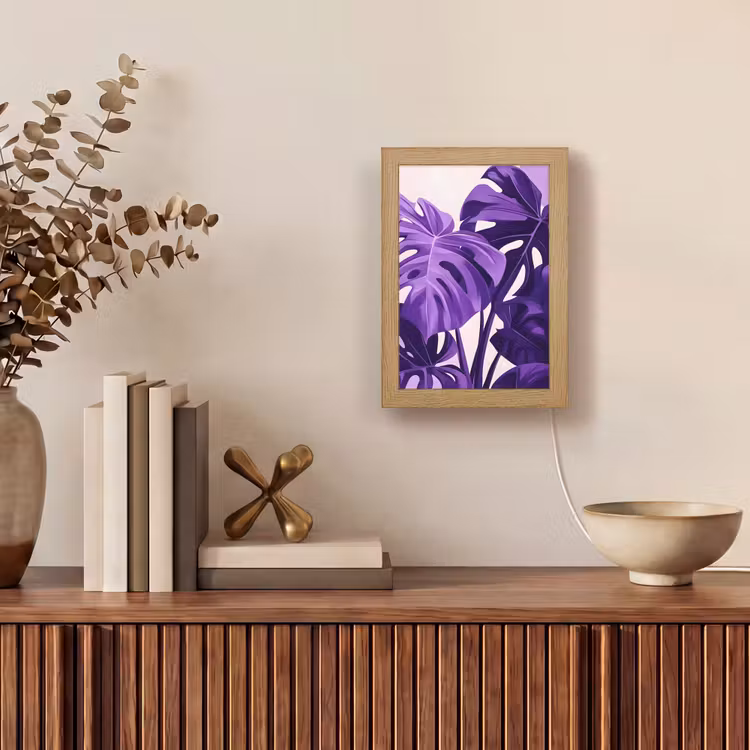 Bladeren - Paars - Tropisch - Abstract Light Box met kabel (Tafellamp) klein -sfeer2