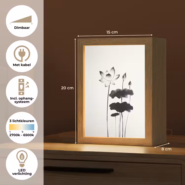 Bladeren - Zwart - Lotusbloem - Minimalitisch Light Box met kabel (Tafellamp) klein -USP_NL