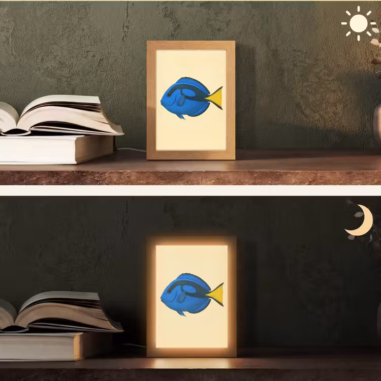 Blauw - Dory - Vis - Staartvin Light Box met kabel (Tafellamp) klein -sfeer3