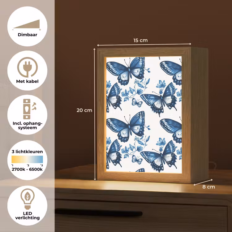 Blauw - Vlinders - Bloemen - Wit Light Box met kabel (Tafellamp) klein 925 -USP_NL