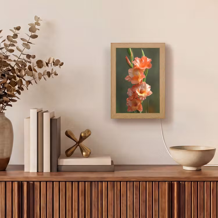 Bloem - Gladiolen - Zalmroze Light Box met kabel (Tafellamp) klein -sfeer2