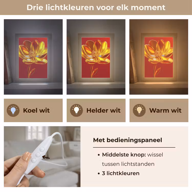 Bloem - Goud - Glazen Light Box met kabel (Tafellamp) klein -USP_lichtkleurNL