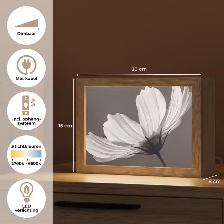 Bloem - Minimalistisch - Zwart - Wit Light Box met kabel (Tafellamp) klein -USP_NL