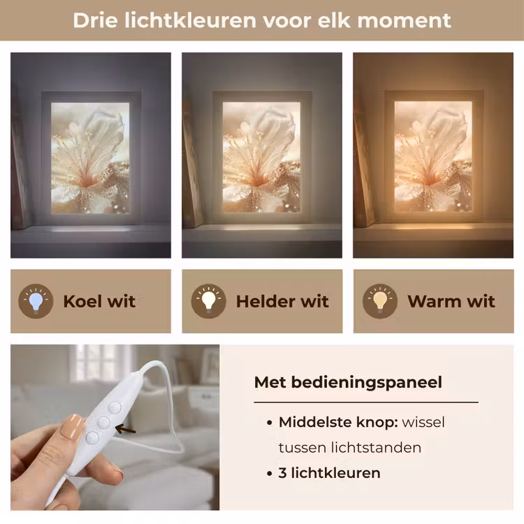 Bloem - Wit - Glitter - Goud - Modern Light Box met kabel (Tafellamp) klein -USP_lichtkleurNL