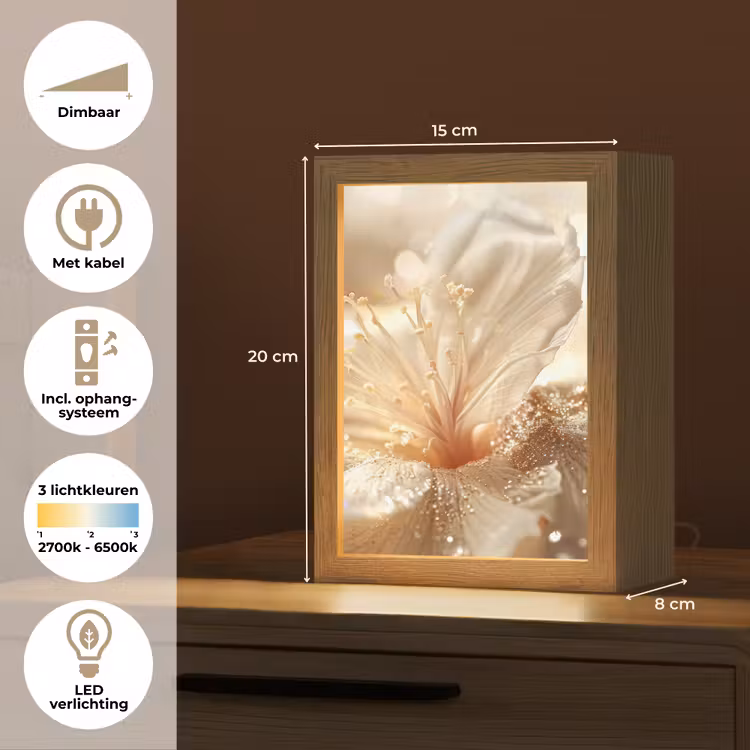 Bloem - Wit - Glitter - Goud - Modern Light Box met kabel (Tafellamp) klein -USP_NL