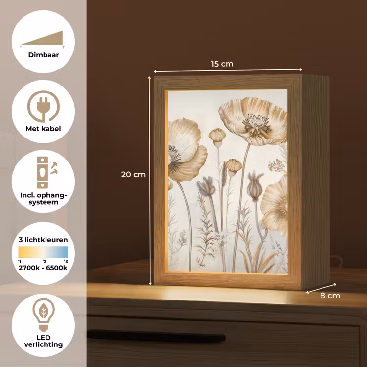 Bloemen - Beige - Natuur - Illustratie Light Box met kabel (Tafellamp) klein -USP_NL