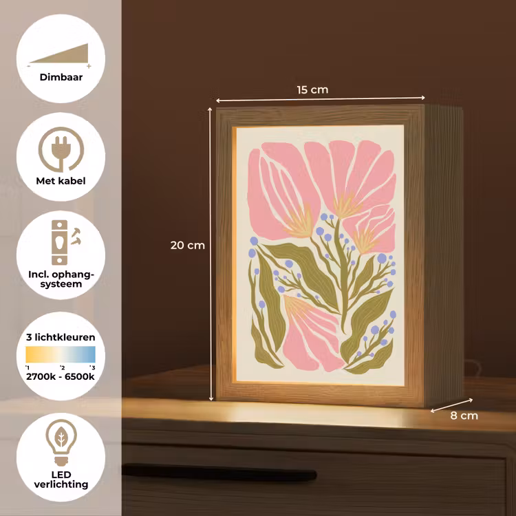 Bloemen - Bladeren - Abstract - Roze Light Box met kabel (Tafellamp) klein -USP_NL
